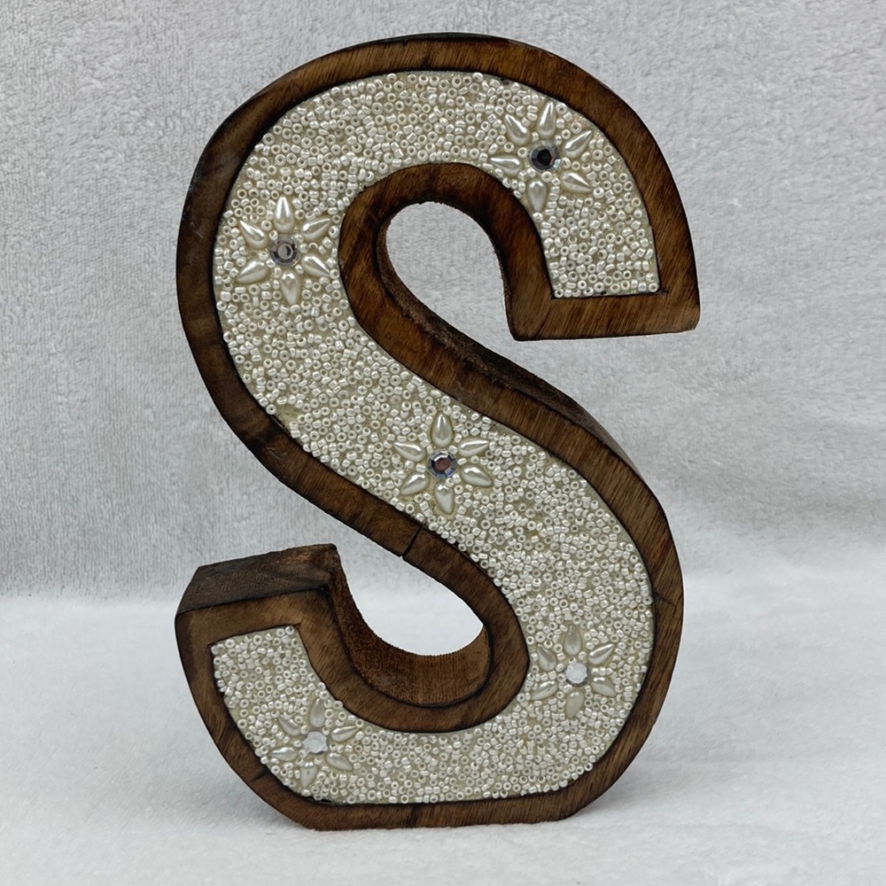 Decorative Wooden Letter S with Pearl Accents 8”